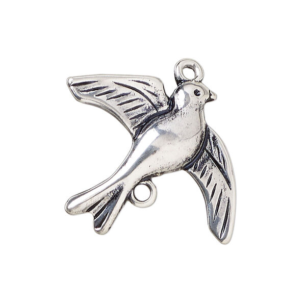 Charm, antique silver-plated "pewter" (zinc-based alloy), 30x25mm flying bird. Sold individually. image number 0