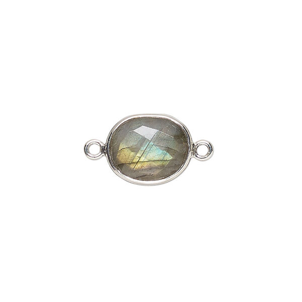 Link, labradorite (natural) and sterling silver, 9x7mm-12x10mm oval with 8x6mm-11x9mm hand-cut double-sided faceted flat freeform oval. Sold individually. image number 0