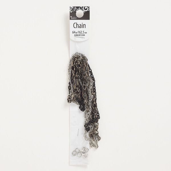 Chain and finding assortment, silver- / antique silver- / black-finished "pewter" (zinc-based alloy), mixed sizes. Sold per 10-piece set. image number 0