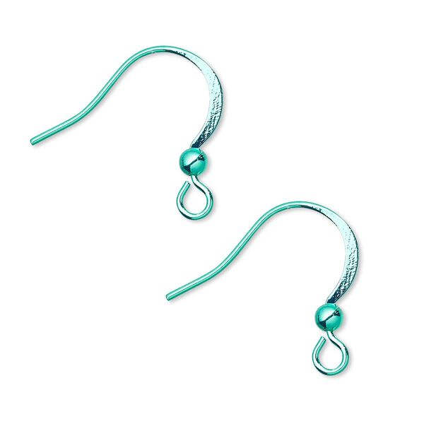 Ear wire fishhook 1pkg10, 19mm flat / 3mm ball / open loop, 21 gauge brass / electro-coated green 5 pair image number 0