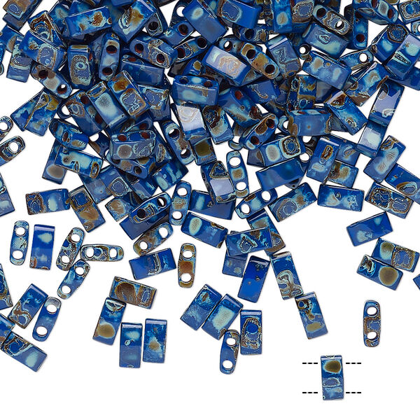 Seed bead, TILA®, glass, pkg/250g, 5x2.3mm half tila rectangle, opaque Picasso cobalt blue, (HTL-4518). image number 0