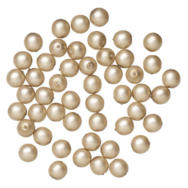 Bead, Czech pearl-coated glass druk 1pkg50, opaque matte sand, 8mm round. image number 1