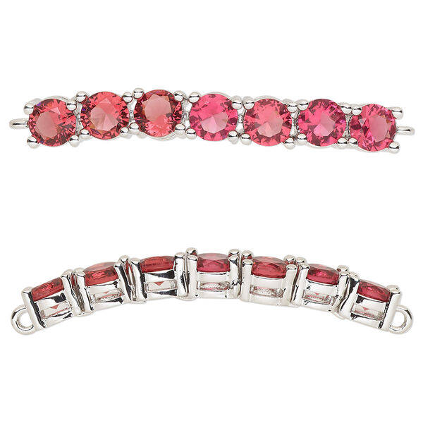 Focal, cubic zirconia and silver-plated brass, fuchsia, 40x5mm curved rectangle. Sold individually. image number 0