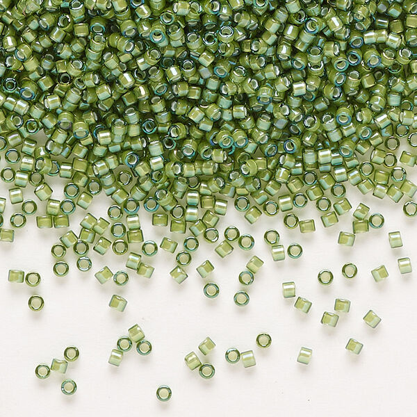 Seed bead, Delica®, glass, pkg/50g, #11 round, translucent white-lined luster light green (DB-1786). image number 0