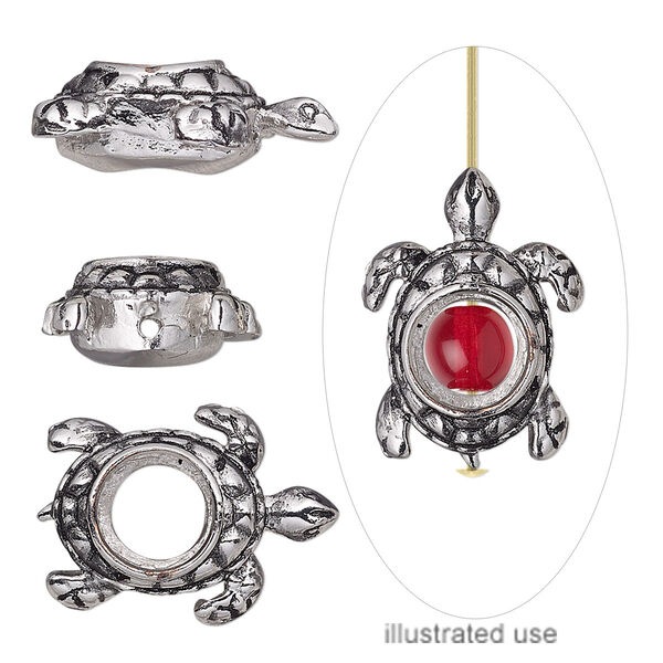Bead frame, antique silver-plated bronze, 20x14mm turtle, fits up to 4-6mm bead. Sold individually. image number 0