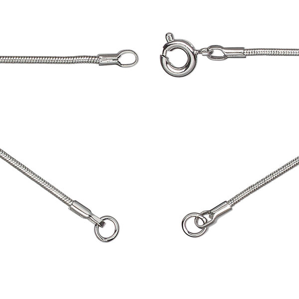 Necklace, silver-plated brass, 1.2mm snake, 18 inches in (2) 9" segments with (2) 3.5mm soldered jump rings and springing clasp. Sold Individually. image number 0