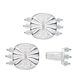 Clasp tab 1pkg1 sterling silver, 15x14mm fancy puffed round, 3-strand