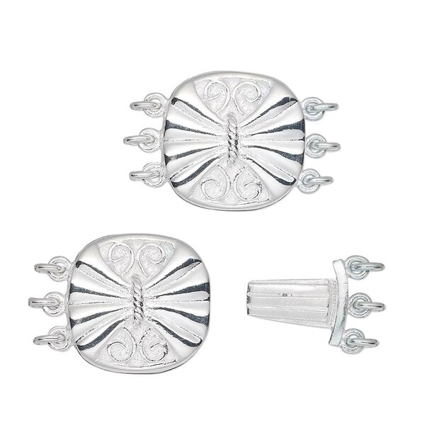 Clasp tab 1pkg1 sterling silver, 15x14mm fancy puffed round, 3-strand image number 0