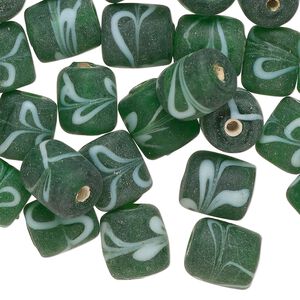 Bead, lampworked glass, translucent dark green and white, 10x8mm-11x9mm round tube with swirl design. Sold per 2-ounce pkg, approximately 40 beads.