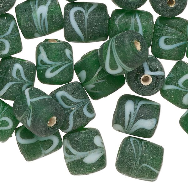Bead, lampworked glass, translucent dark green and white, 10x8mm-11x9mm round tube with swirl design. Sold per 2-ounce pkg, approximately 40 beads. image number 0
