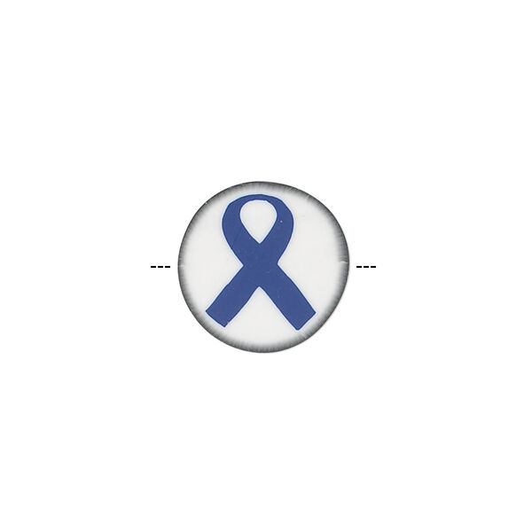 Bead, polymer clay, white / black / blue, 14mm double-sided flat round with awareness ribbon. Sold per pkg of 30. image number 0