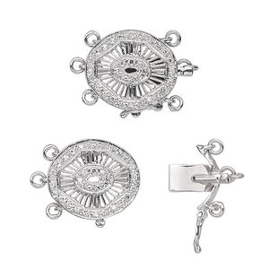 Clasp tab 1pkg1 14Kt white gold / diamond (natural), 15x13mm flat oval / safety latch, 3-strand