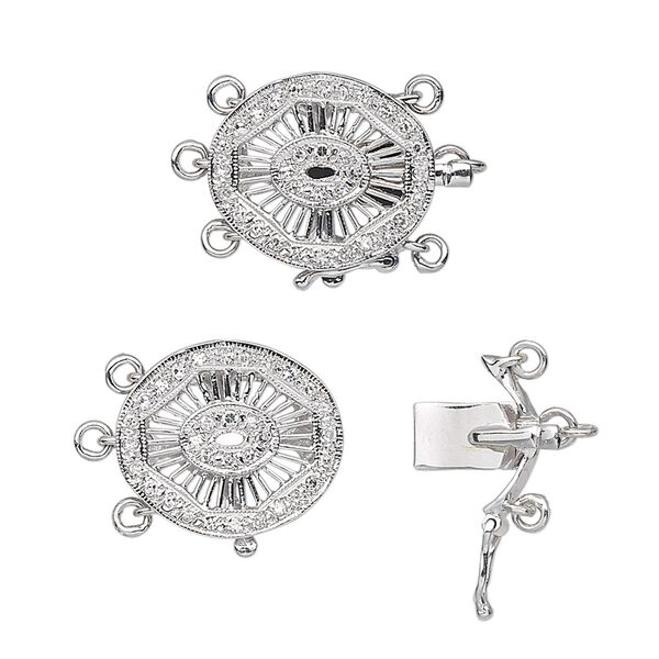 Clasp, 3-strand tab with safety, diamond (natural) and 14KtW white gold, 15x13mm flat oval. Sold individually. image number 0