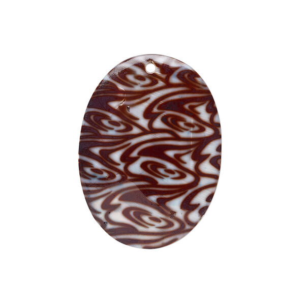Focal, blister pearl shell (dyed), white / dark brown / purple, 55x40mm-59x44mm oval with swirl decal. Sold individually. image number 0