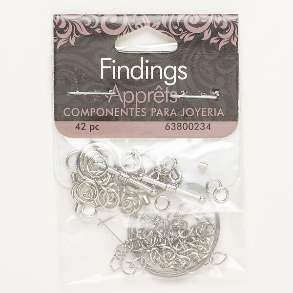 Wire and finding assortment, steel and brass, pkg/42, silver finish, assorted sizes. image number 0