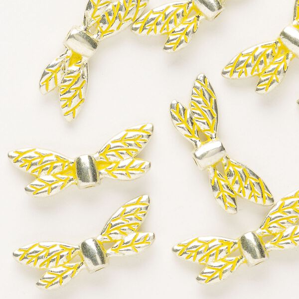 Bead, "pewter" (zinc-based alloy) enamel, pkg/10, silver finish yellow, 22x8mm wing. image number 0