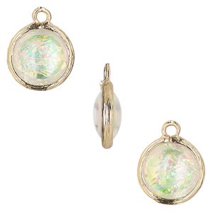 Drop, Opalized Ice™, "opal" (resin) and gold-finished brass, white, 14mm double-sided round. Sold per pkg of 4.