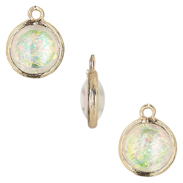 Drop, Opalized Ice™, "opal" (resin) and gold-finished brass, white, 14mm double-sided round. Sold per pkg of 4. image number 0