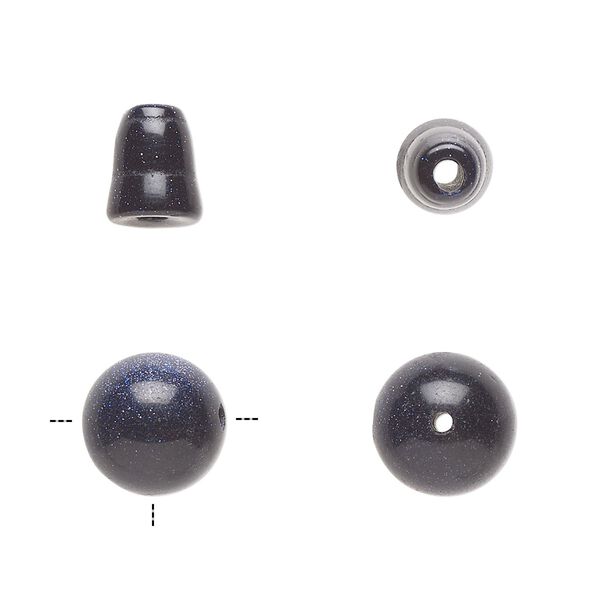 Bead, blue goldstone (glass) (man-made), 9x7mm cone and 10mm T-drilled round. Sold per pkg of (2) 2-piece sets. image number 0