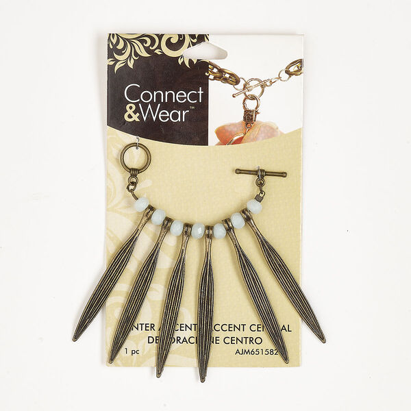 Component, toggle, antique brass-finished "pewter" (zinc-based alloy) / steel / glass, white, 56x6mm leaf and 6x5mm faceted rondelle. Sold per pkg of 2 inches. image number 0