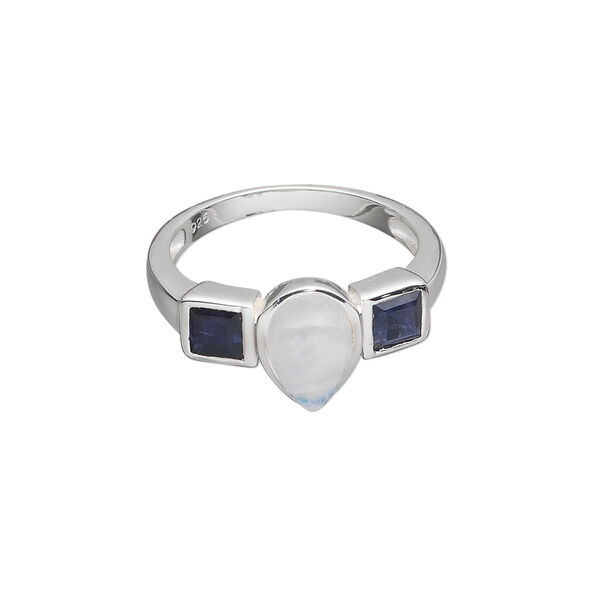 Ring, sterling silver with rainbow moonstone and iolite (natural), 9x6mm teardrop cabochon and (2) 4x4mm faceted squares, size 7. Sold individually. image number 0