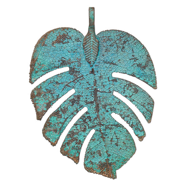 Pendant, copper-plated brass and Indian rubber plant, green patina, 54x41mm-56x41mm double-sided palm leaf. Sold individually. image number 0