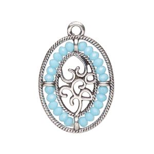 Drop, antique silver-finished "pewter" (zinc-based alloy), aqua blue, 28x21.5mm oval with hearts and beaded border. Sold per pkg of 2.