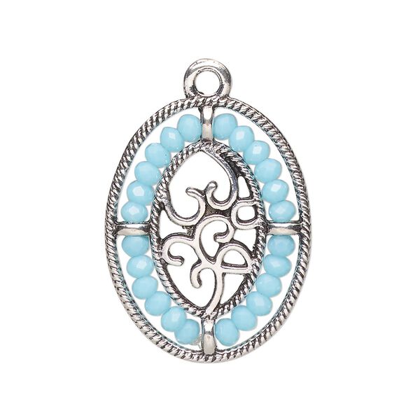 Drop, antique silver-finished "pewter" (zinc-based alloy), aqua blue, 28x21.5mm oval with hearts and beaded border. Sold per pkg of 2. image number 0