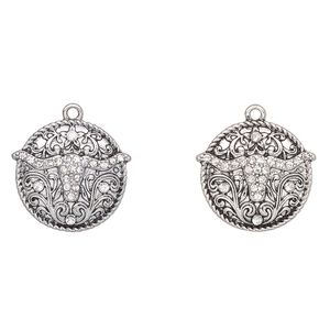 Charm, antique silver-finished "pewter" (zinc-based alloy) and glass, clear, 22mm round with steer head. Sold per pkg of 2.