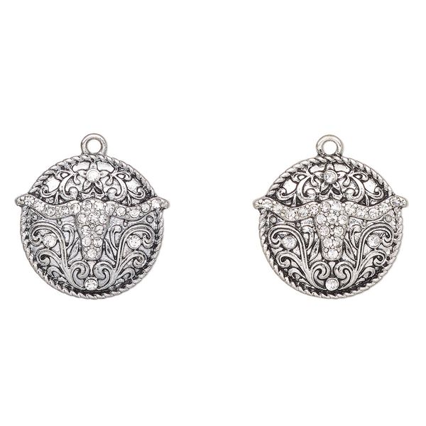 Charm, antique silver-finished "pewter" (zinc-based alloy) and glass, clear, 22mm round with steer head. Sold per pkg of 2. image number 0