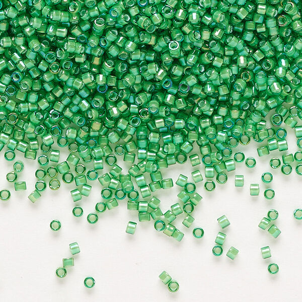 Seed bead, Delica®, glass, pkg/250g, #11 round, translucent white-lined luster green (DB-1787). image number 0