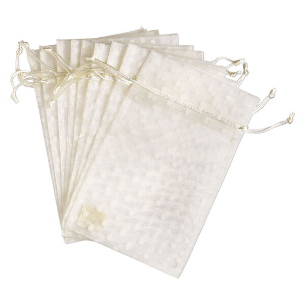 Pouch, flocked organza, ivory, 10x6 inches with dots pattern and drawstring closure. Sold per pkg of 12. image number 0