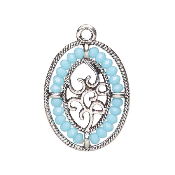 Drop, antique silver-finished "pewter" (zinc-based alloy), aqua blue, 28x21.5mm oval with hearts and beaded border. Sold per pkg of 2. image number 0