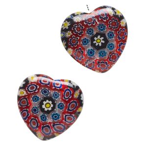 Bead, millefiori glass, translucent multicolored, 18-20mm half-drilled puffed heart with flower design. Sold per pkg of 2.