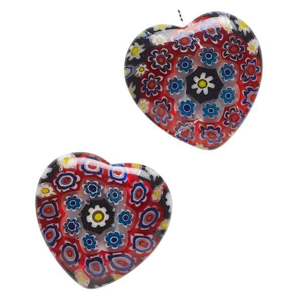 Bead, millefiori glass, translucent multicolored, 18-20mm half-drilled puffed heart with flower design. Sold per pkg of 2. image number 0