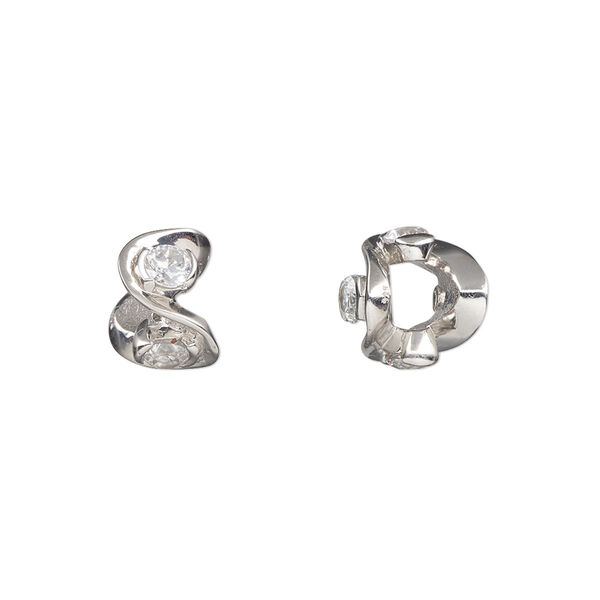 Bead, cubic zirconia and rhodium-plated sterling silver, clear, 10.5x8mm wavy rondelle. Sold individually. image number 0
