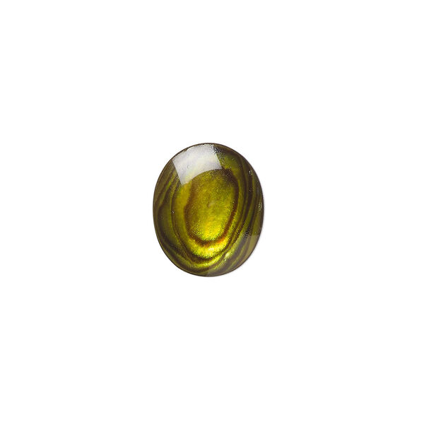 Cabochon, paua shell (coated / dyed), gold, 12x10mm calibrated oval, Mohs hardness 3-1/2. Sold per pkg of 6. image number 0