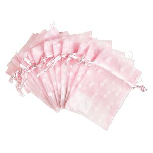 Pouch, flocked organza, pink and white, 4x3 inches with dots pattern and drawstring closure. Sold per pkg of 12.