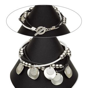 Bracelet, 3-strand, rubber / silver-coated plastic / silver-finished aluminum / steel / "pewter" (zinc-based alloy), white and black, 13mm wide with 15mm wavy flat round, 7 inches with toggle clasp. Sold individually.