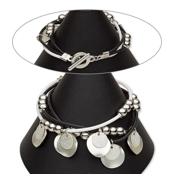 Bracelet, 3-strand, rubber / silver-coated plastic / silver-finished aluminum / steel / "pewter" (zinc-based alloy), white and black, 13mm wide with 15mm wavy flat round, 7 inches with toggle clasp. Sold individually. image number 0