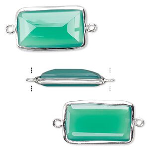 Link, green onyx (dyed) and sterling silver, 22x13mm two-sided faceted rectangle. Sold per pkg of 2.