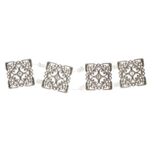 Bead spacer 1pkg4 brass / glass rhinestone, 27-28mm 2-strand fancy square / hidden loop fits up to 18.5mm beads, antique silver finish / clear
