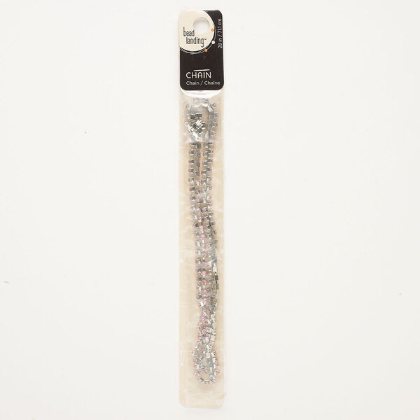 Chain assortment, silver-finished brass, pink, 2mm cupchain, 28 inches with (8) 2.5mm connectors. Sold per pkg of 9. image number 0