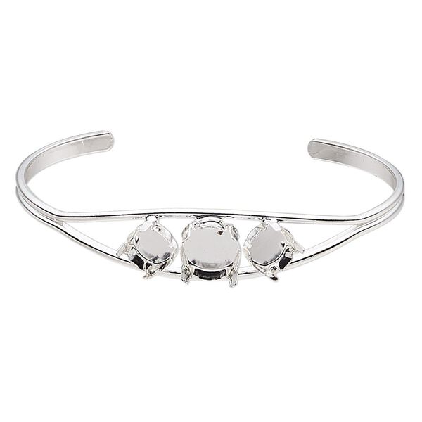 Bracelet, cuff, silver-finished brass, 12mm wide with (1) SS47 4-prong rivoli setting and (2) SS39 4-prong rivoli settings, 7 inches. Sold individually. image number 0
