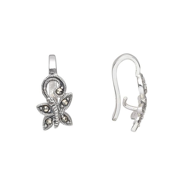 Bail, prong, sterling silver and marcasite, 5 stones, 18x9mm butterfly with 12mm grip length. Sold individually. image number 0