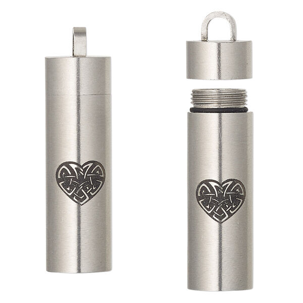 Pendant, silicone and stainless steel, black, 40x11mm cylinder with laser-etched Celtic heart design and twist-off top. Sold individually. image number 0