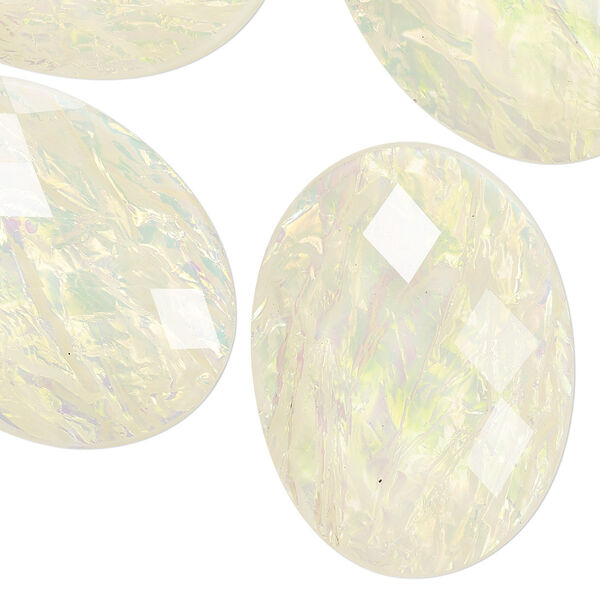 Cabochon, resin, opalescent yellow, 40x30mm non-calibrated faceted oval. Sold per pkg of 4. image number 0
