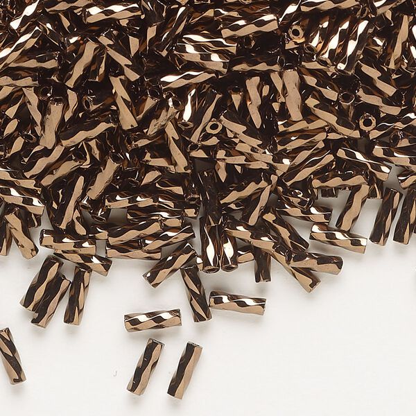 Bugle bead, Dyna-Mites™, glass, opaque iris bronze, 6mm twisted. Sold per Sold per 1/2 kilogram pkg. image number 0