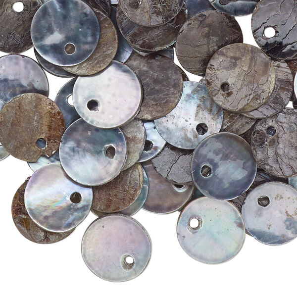 Drop, mussel shell (dyed / coated), peacock, 10mm flat round, Mohs hardness 3-1/2. Sold per pkg of 100. image number 0