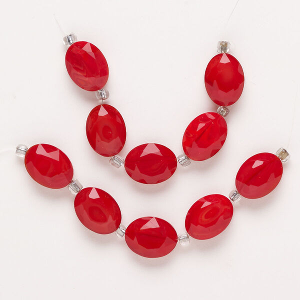 Bead, glass, opaque red, 16x12mm faceted oval. Sold per pkg of 10. image number 0